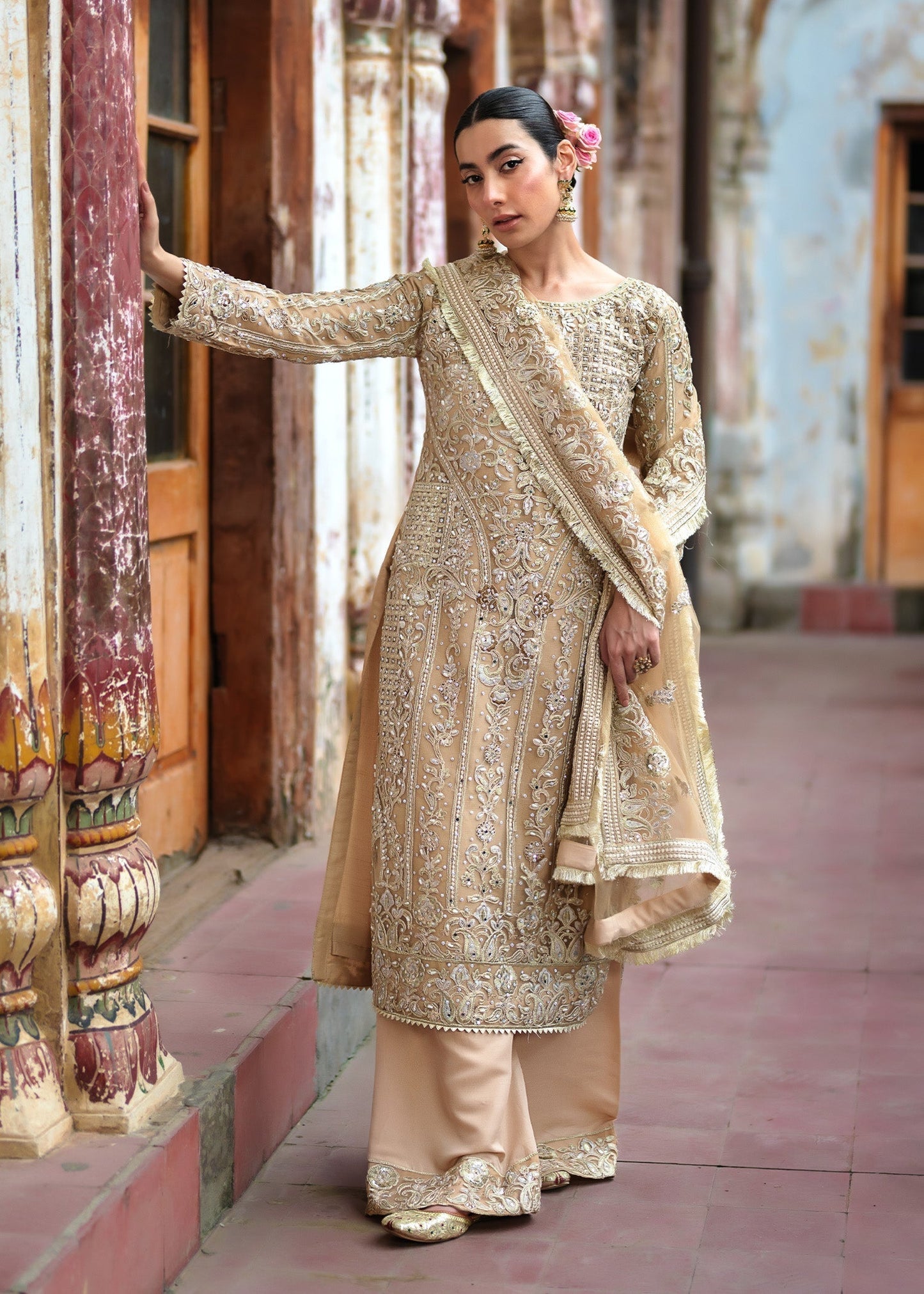 Ladies Beige Net Shalwar Kameez for Wedding Guest Online in UK USA Canada