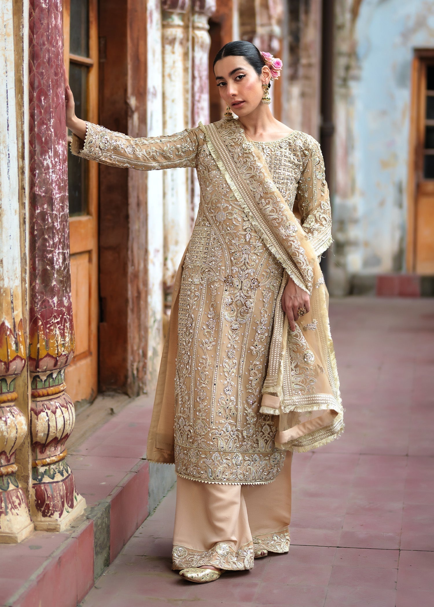 Ladies Beige Net Shalwar Kameez for Wedding Guest Online in UK USA Canada