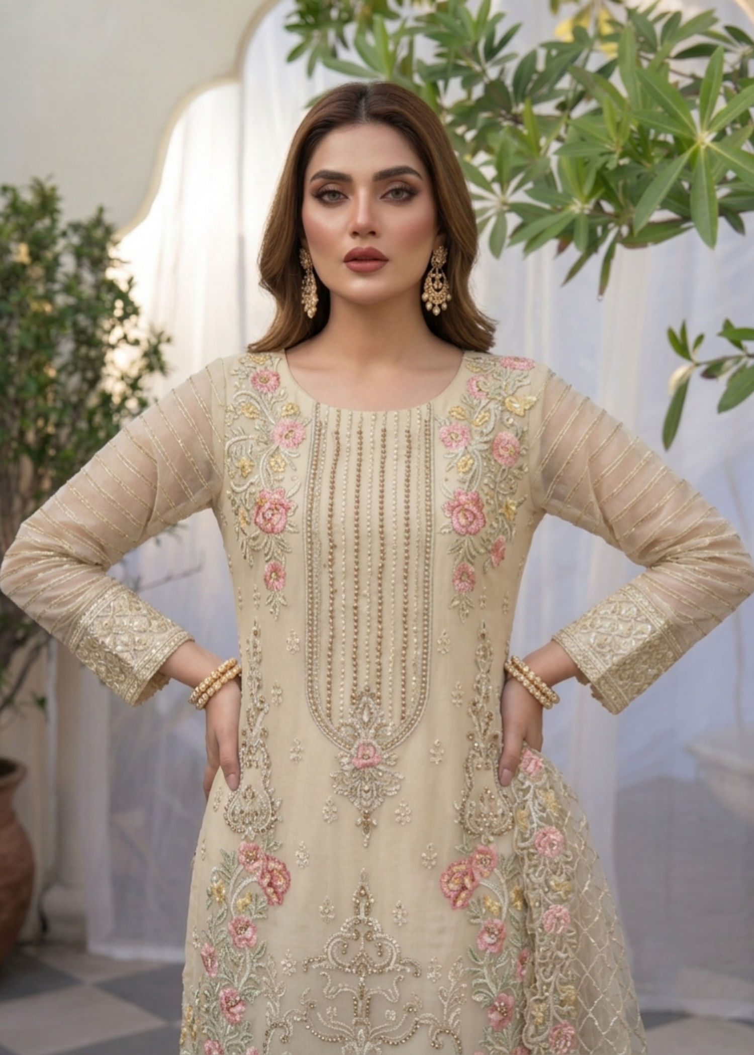 Ladies Beige Organza Embroidered Festive Wear Online in Dubai UAE Abudhabi Ajman Sharjah