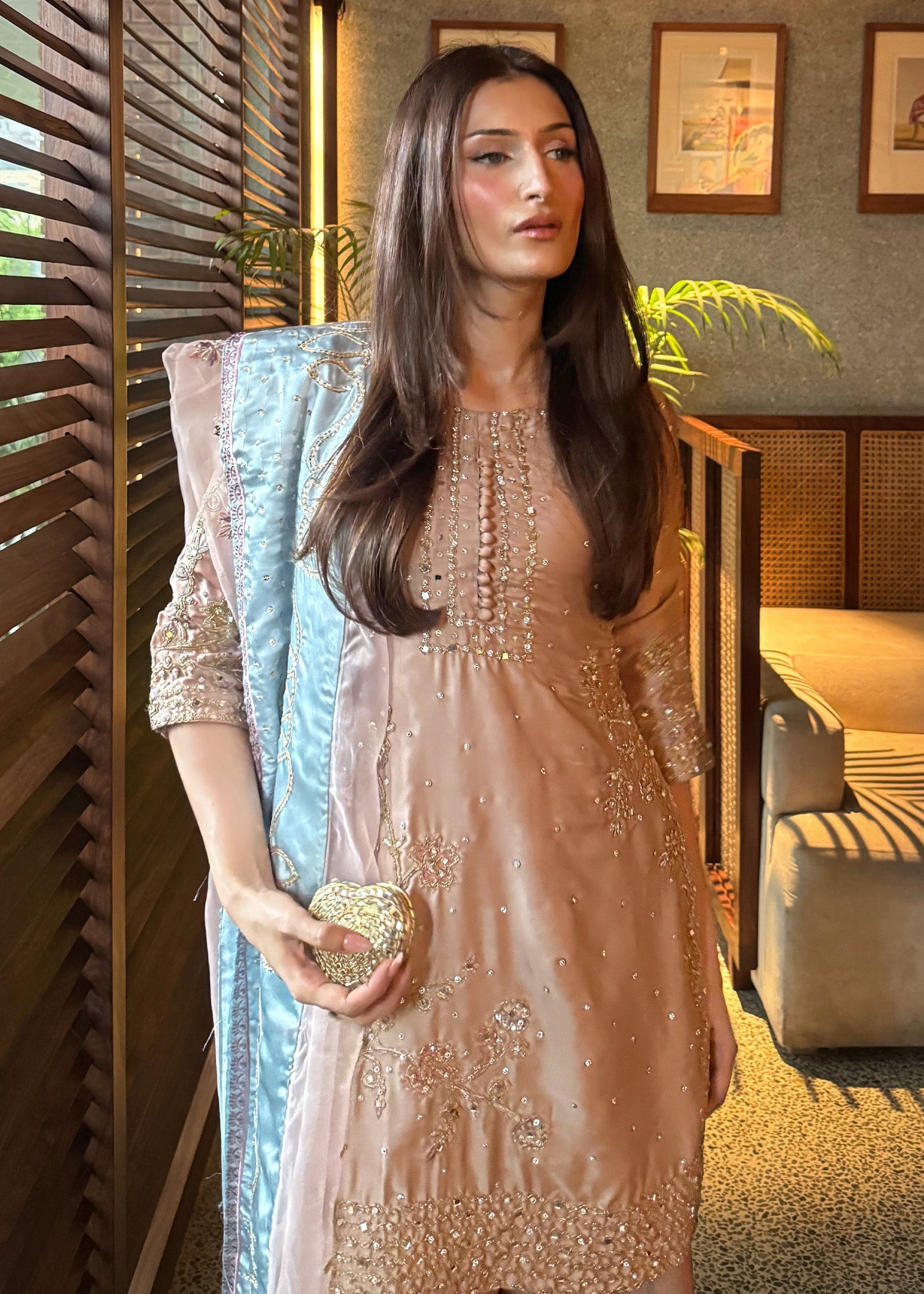 Ladies Beige Pastel Blue Dupatta Charmuse Suit Online in UK USA Canada