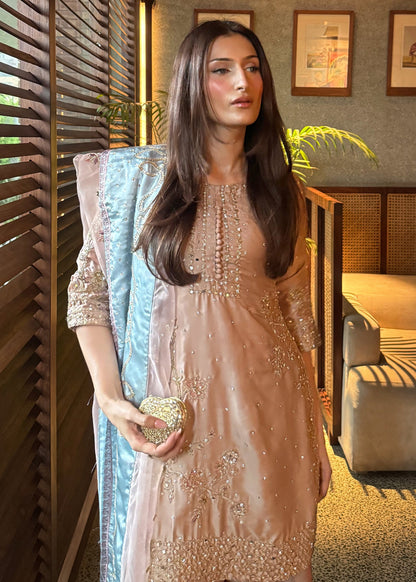 Ladies Beige Pastel Blue Dupatta Charmuse Suit Online in UK USA Canada