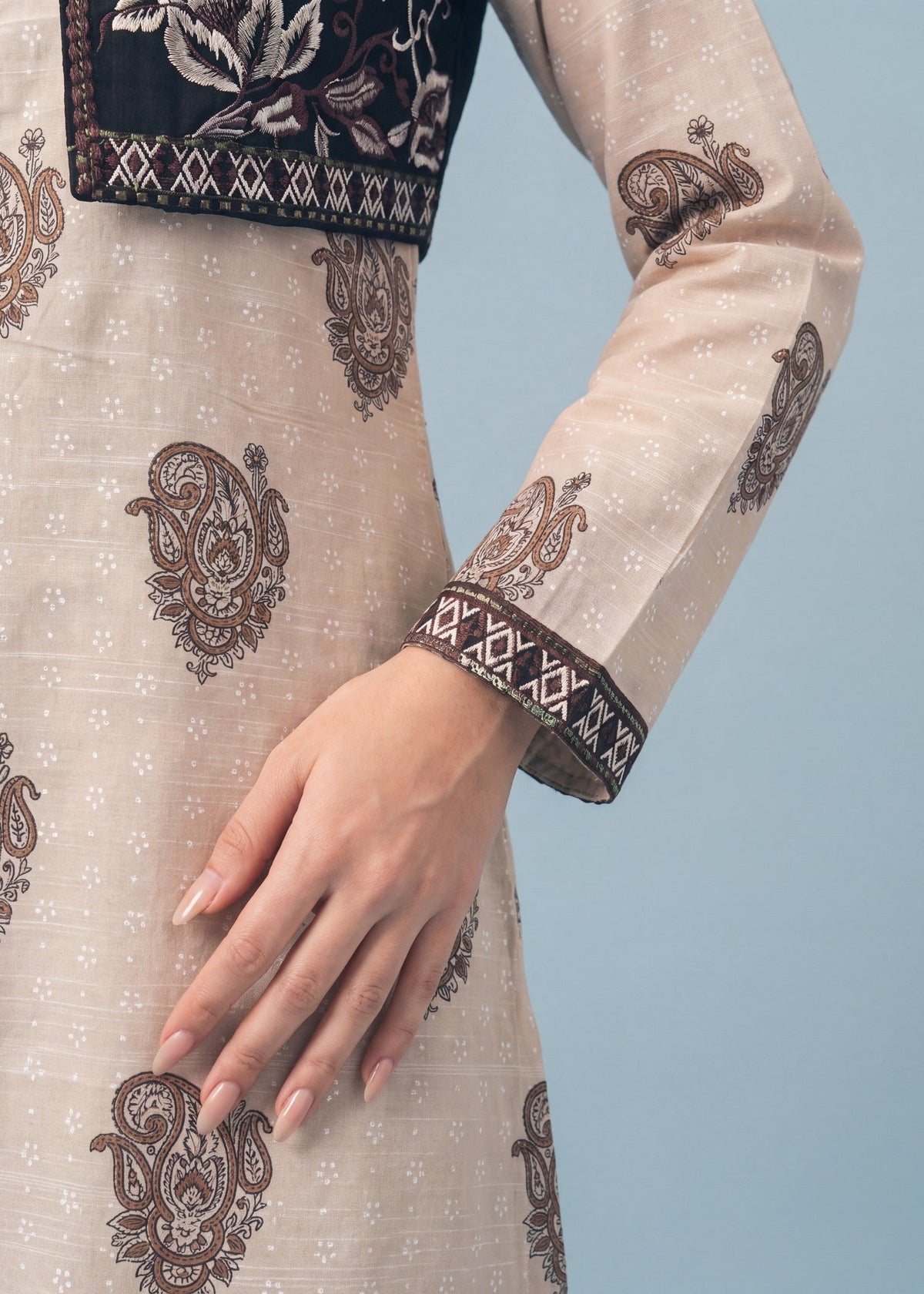 Ladies Beige Printed Khaddar Pishwas Online in UK USA Canada