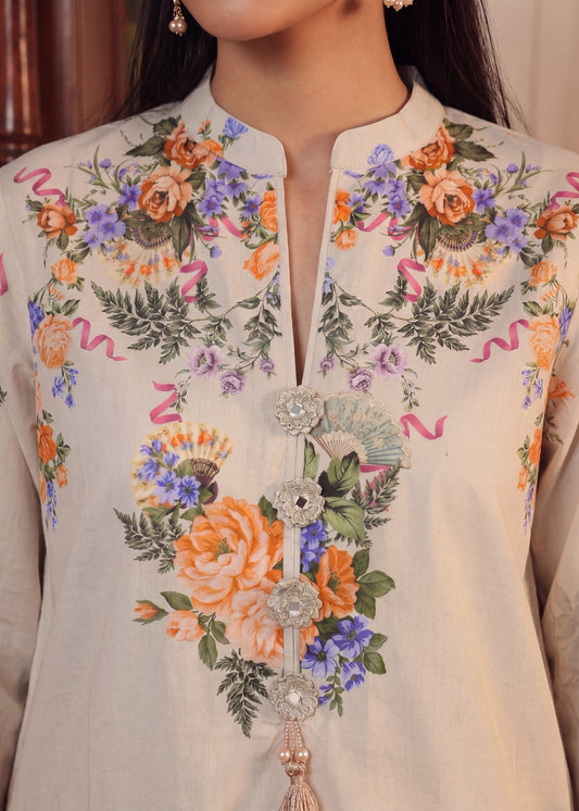 Ladies Beige Printed Lawn Salwar Kameez Online in UK USA Canada