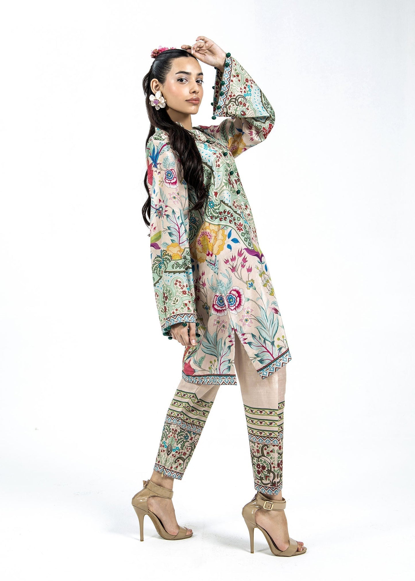 Ladies Beige Printed Shalwar Kameez Online in UK USA Canada