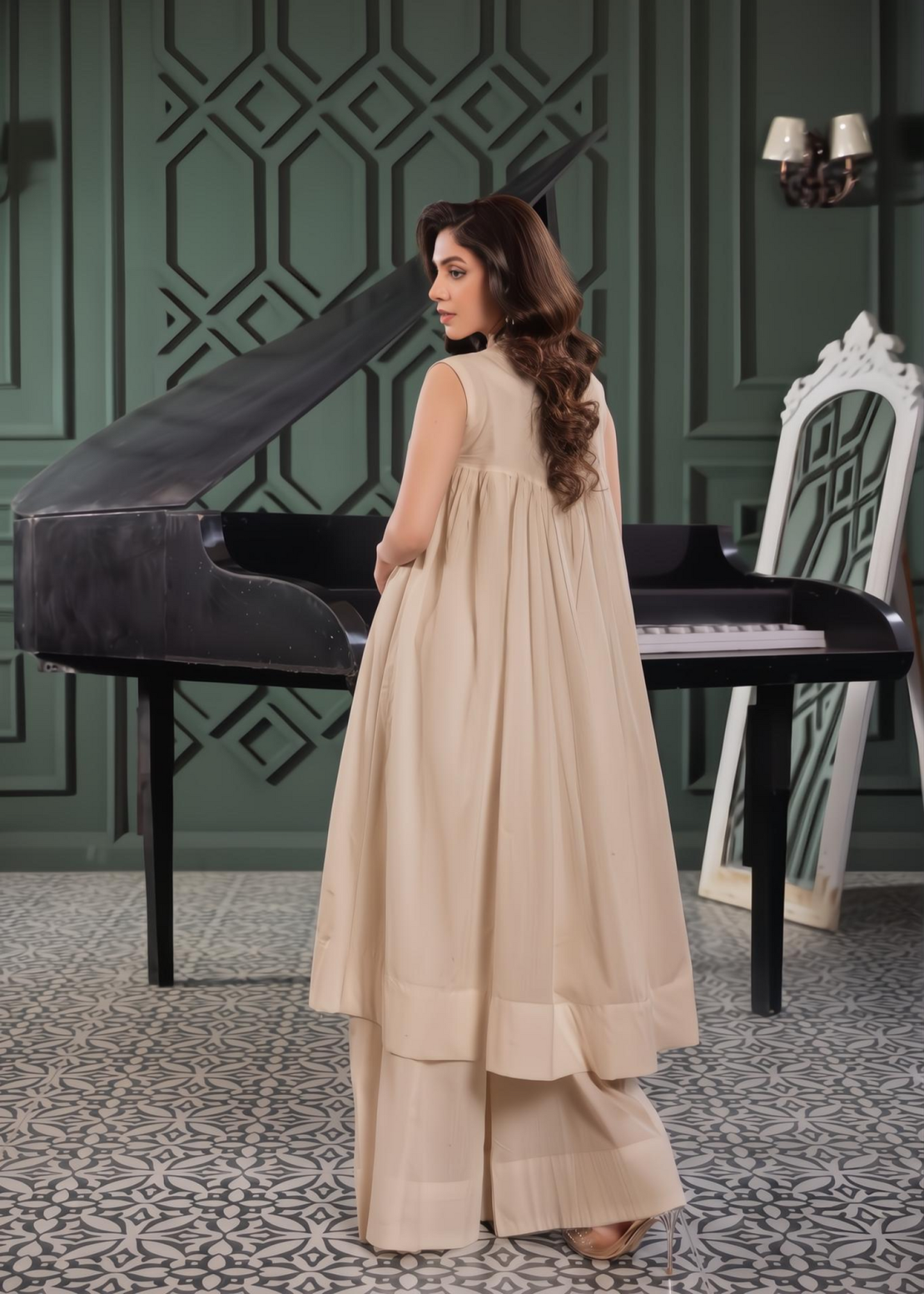 Ladies Beige Short Frock Sharara Set Online in UK USA Canada