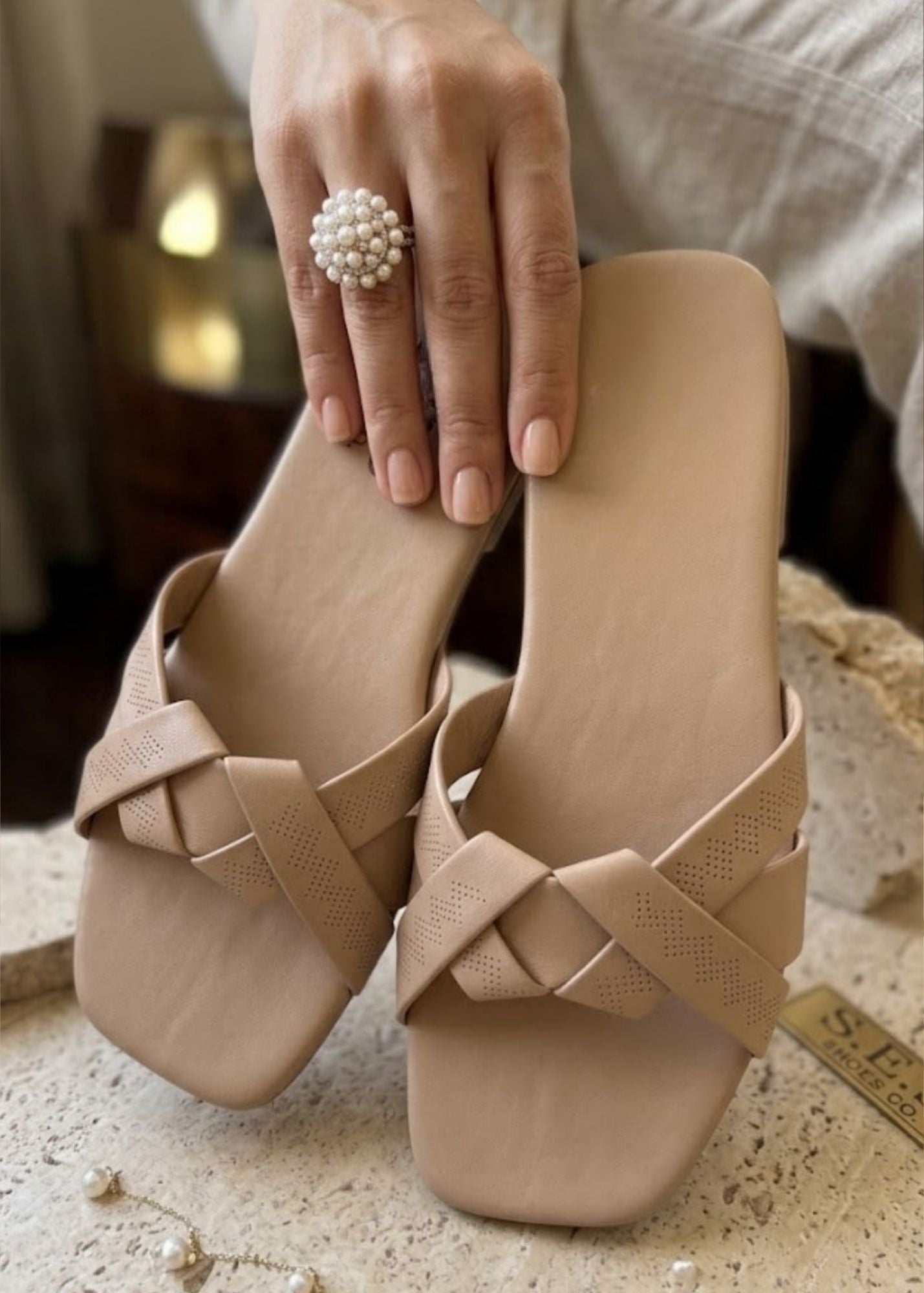 Ladies Beige Synthetic Flats with Laser Pattern Online in UK USA Canada