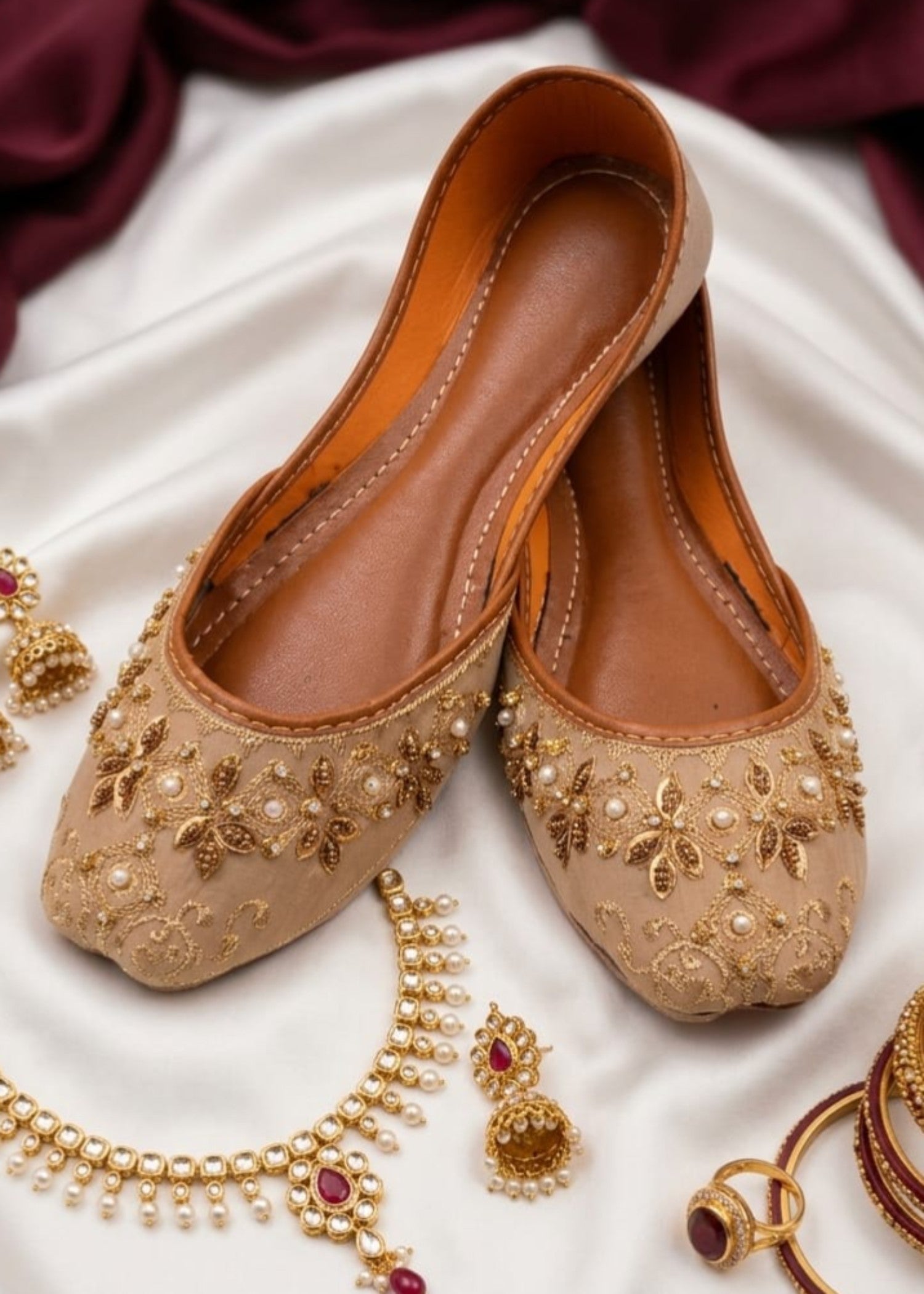 Ladies Beige Velvet Jutti Online in KSA Riyadh Saudi Arabia Oman Bahrain Qatar
