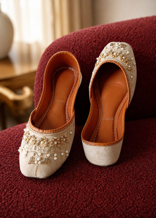 Ladies Beige Velvet Khussa Mojari Online in UK USA Canada