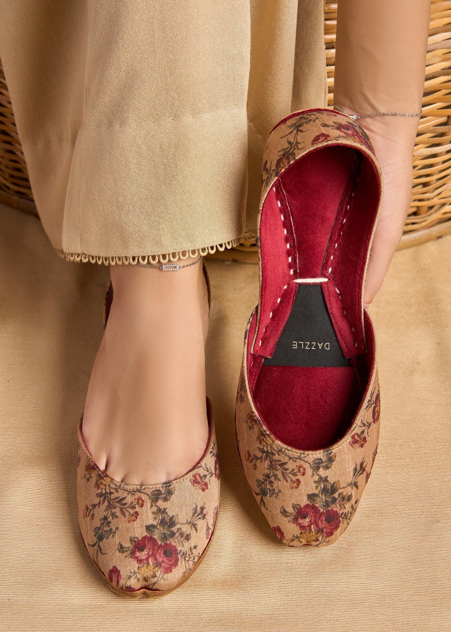 Ladies Beige Velvet Mojari Online in KSA Riyadh Saudi Arabia Oman Bahrain Qatar