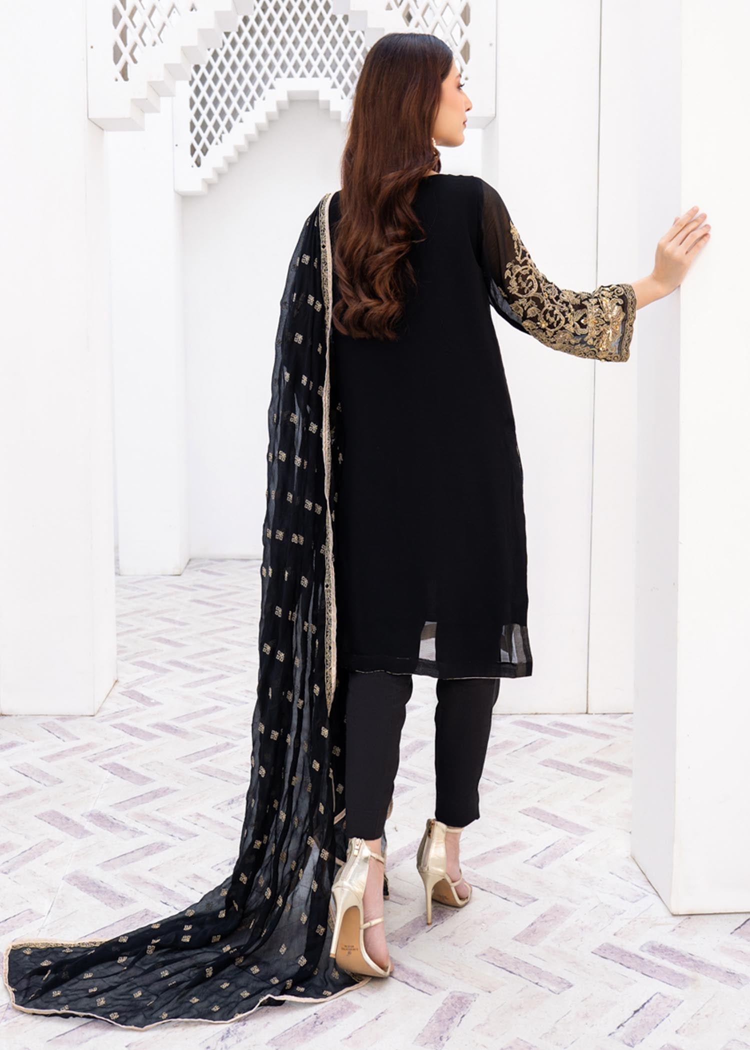 Ladies Black Adda Work Chiffon Partywear Suit Online in UK USA Canada