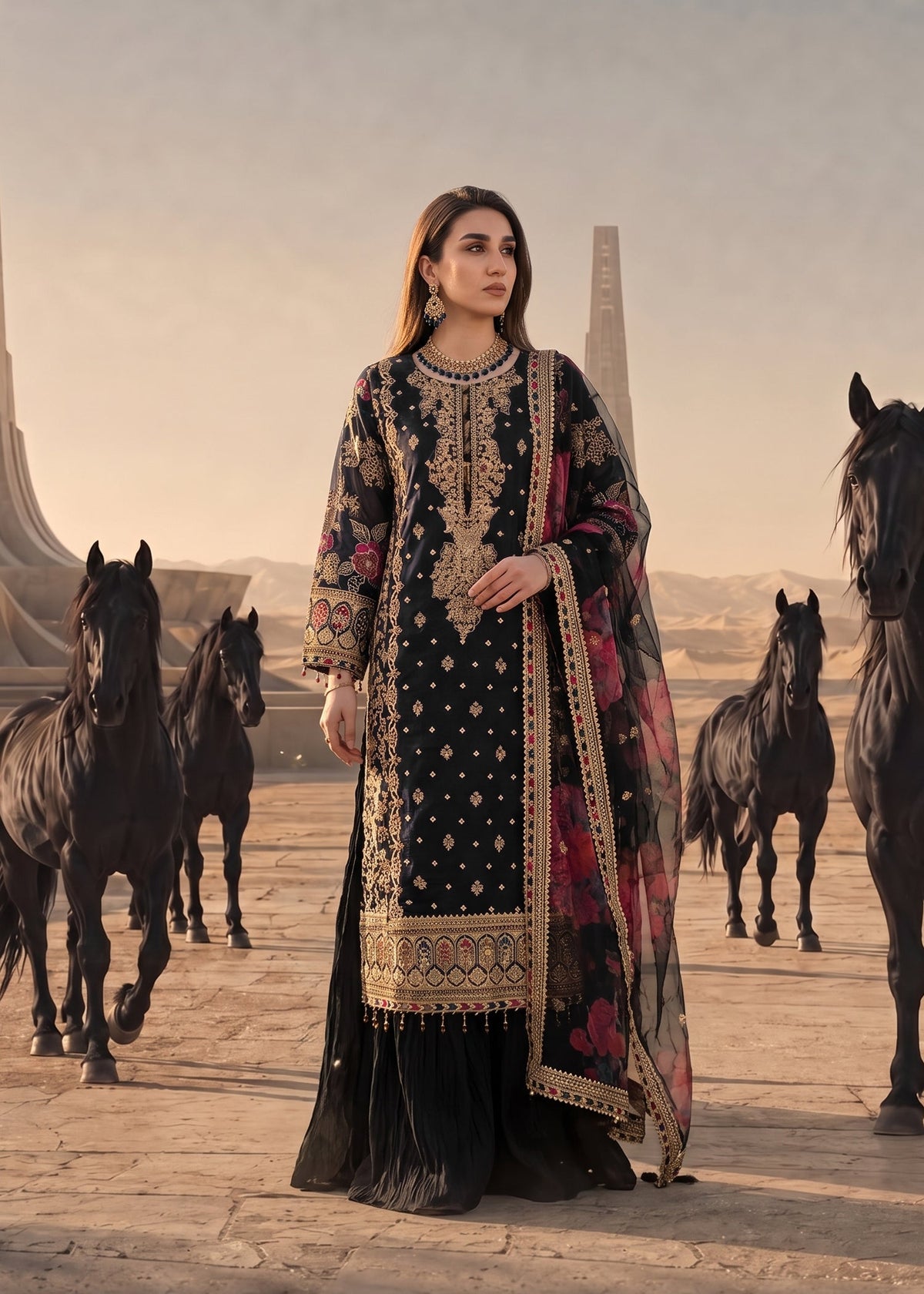 Ladies Black Adda Work Organza Pakistani Wedding Dresses Online in UK USA Canada