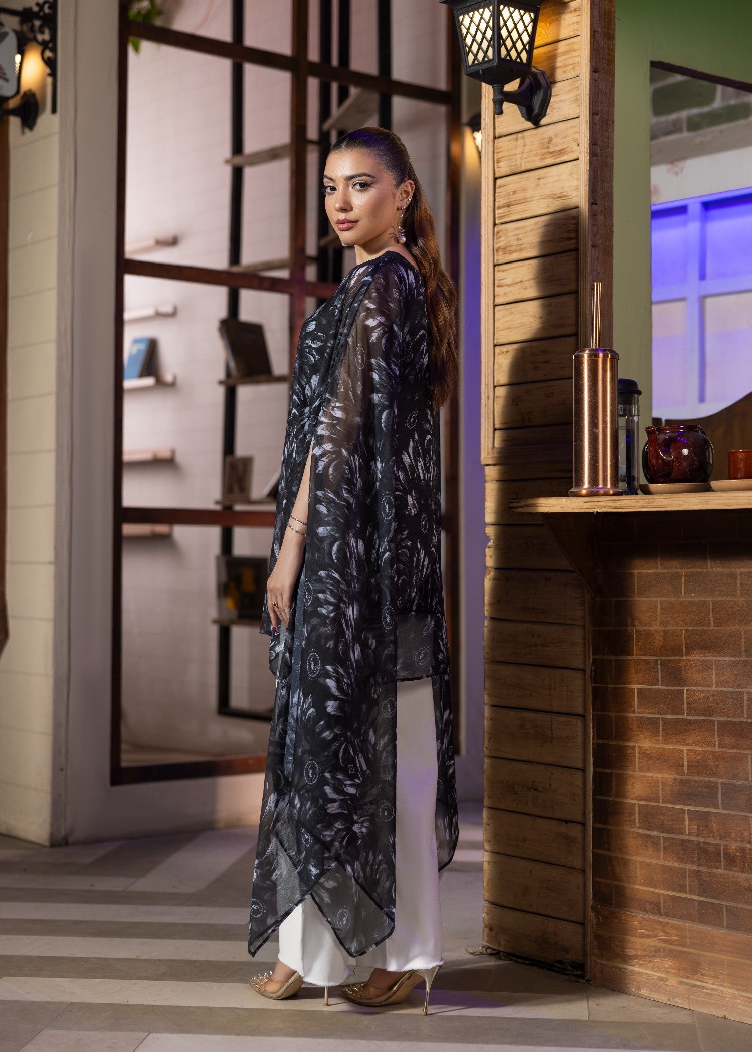 Ladies Black Chiffon Kaftan Salwar Kameez Online in KSA Riyadh Saudi Arabia Oman Bahrain Qatar