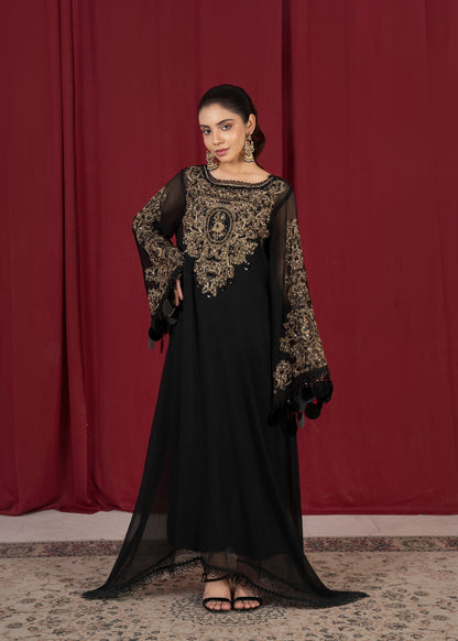 Ladies Black Chiffon Kaftan with Adda Work Online in KSA Riyadh Saudi Arabia Oman Bahrain Qatar