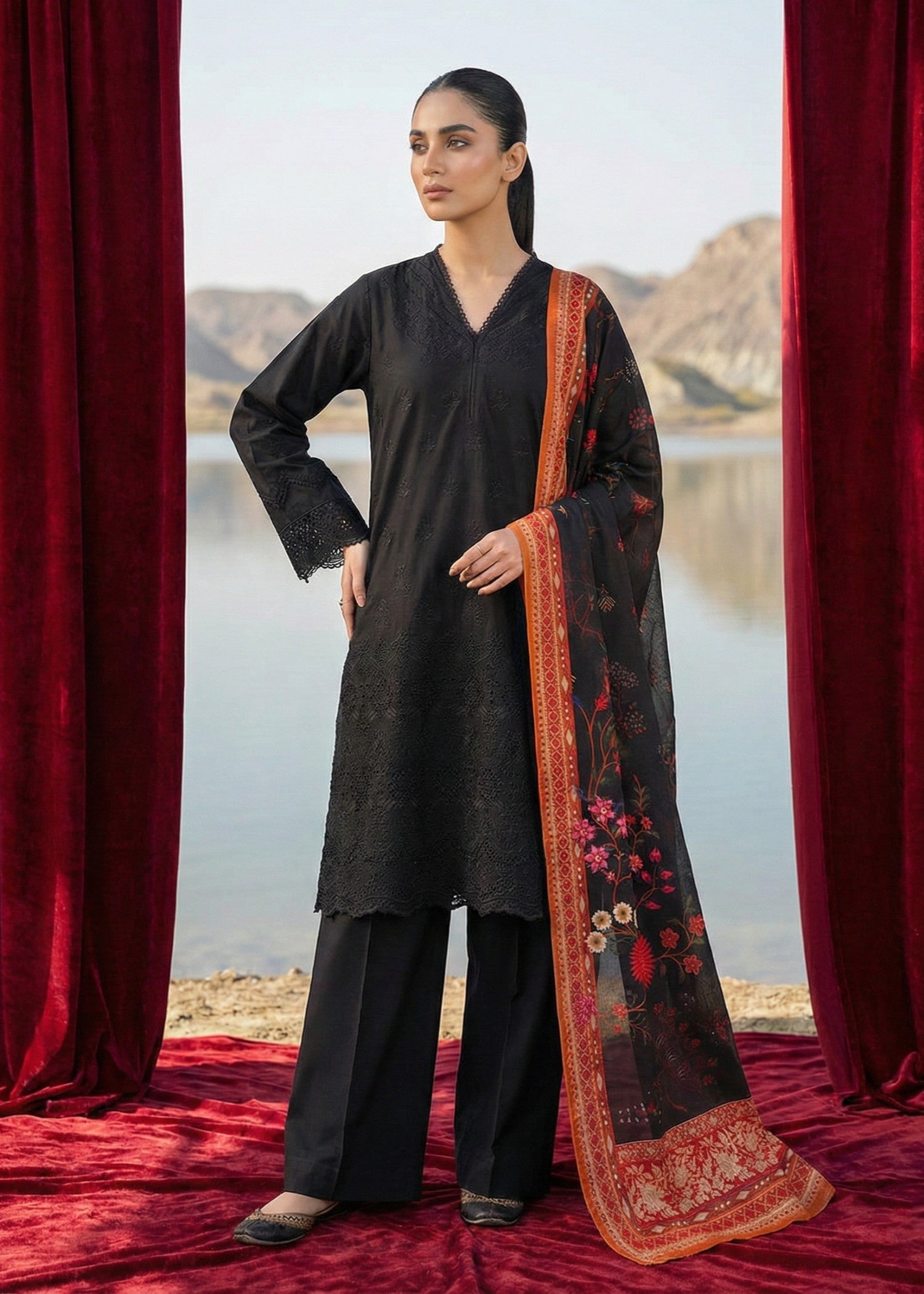 Ladies Black Chikankari Kurta Suit Online in UK USA Canada