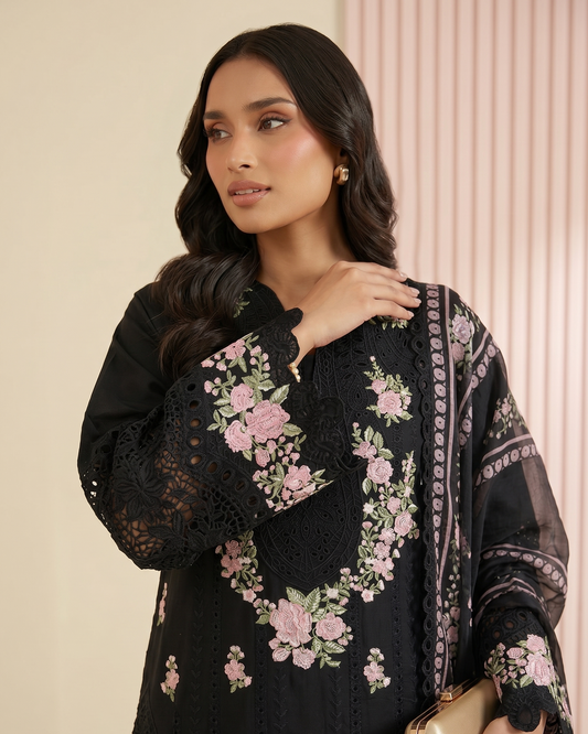 Ladies Black Cotton Shalwar Kameez with Silk Dupatta Online in KSA Riyadh Saudi Arabia Oman Bahrain Qatar
