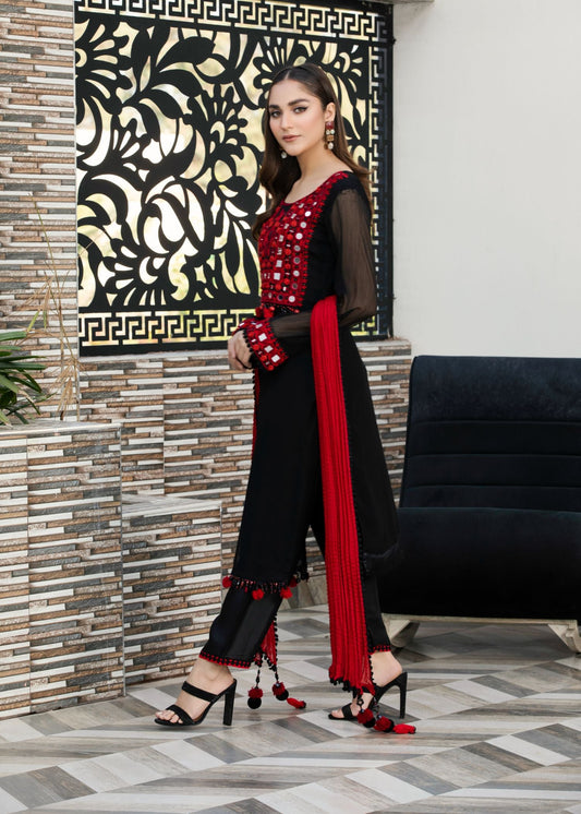 Ladies Black Crinkle Salwar Kameez with Adda Work Online in KSA Riyadh Saudi Arabia Oman Bahrain Qatar