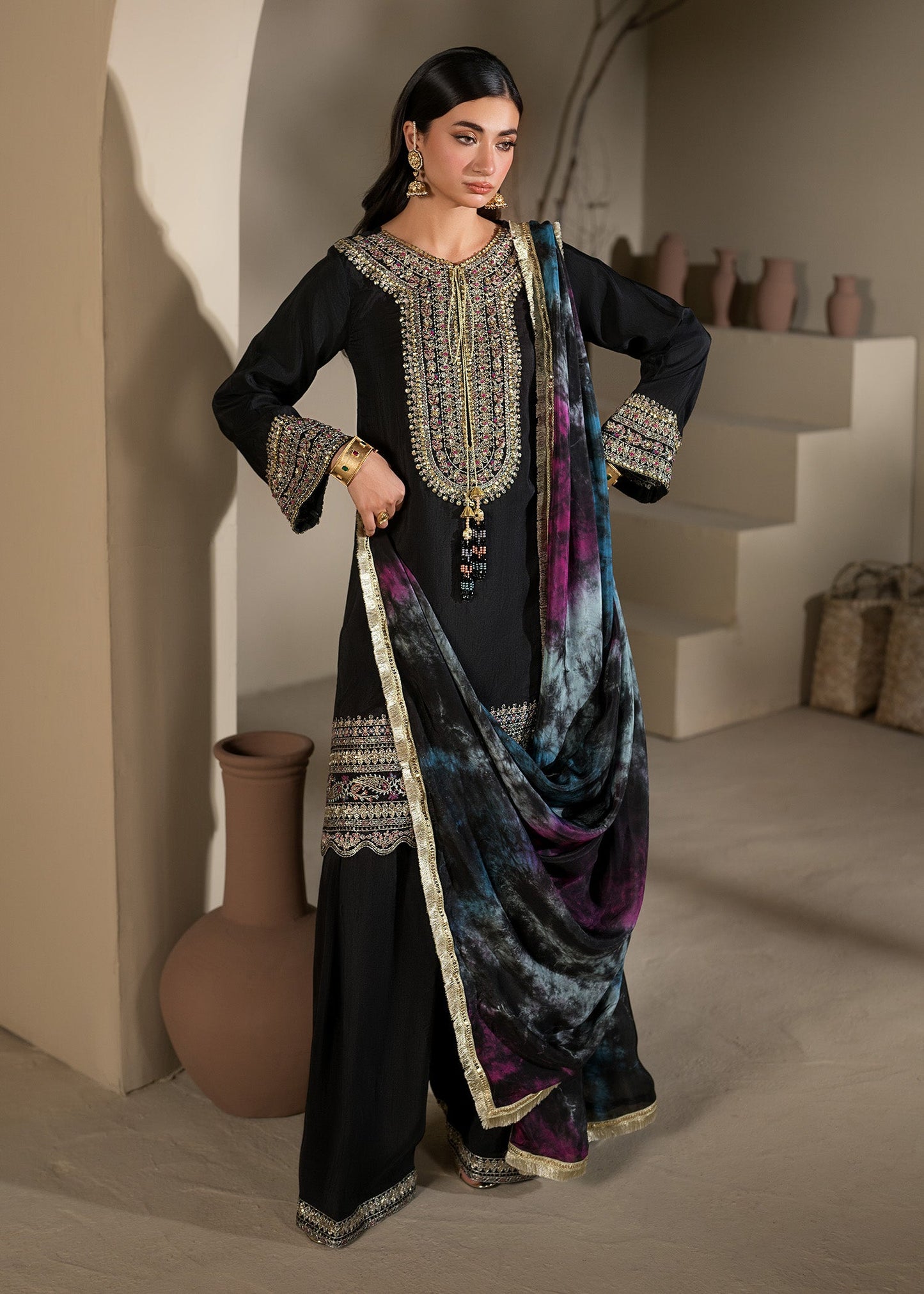 Ladies Black Embellished Farshi Suit Raw Silk Online in UK USA Canada