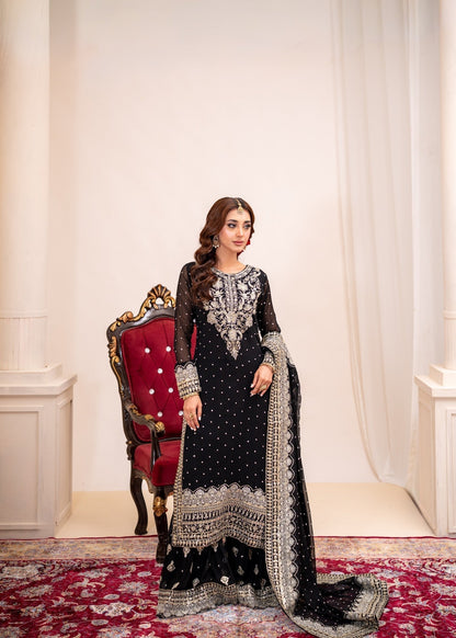 Ladies Black Embroidered Bemberg Chiffon Salwar Kameez Online in UK USA Canada