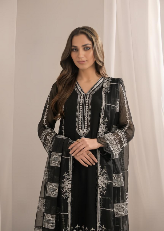 Ladies Black Embroidered Bemberg Crinkle Chiffon Kurta Set Online in UK USA Canada