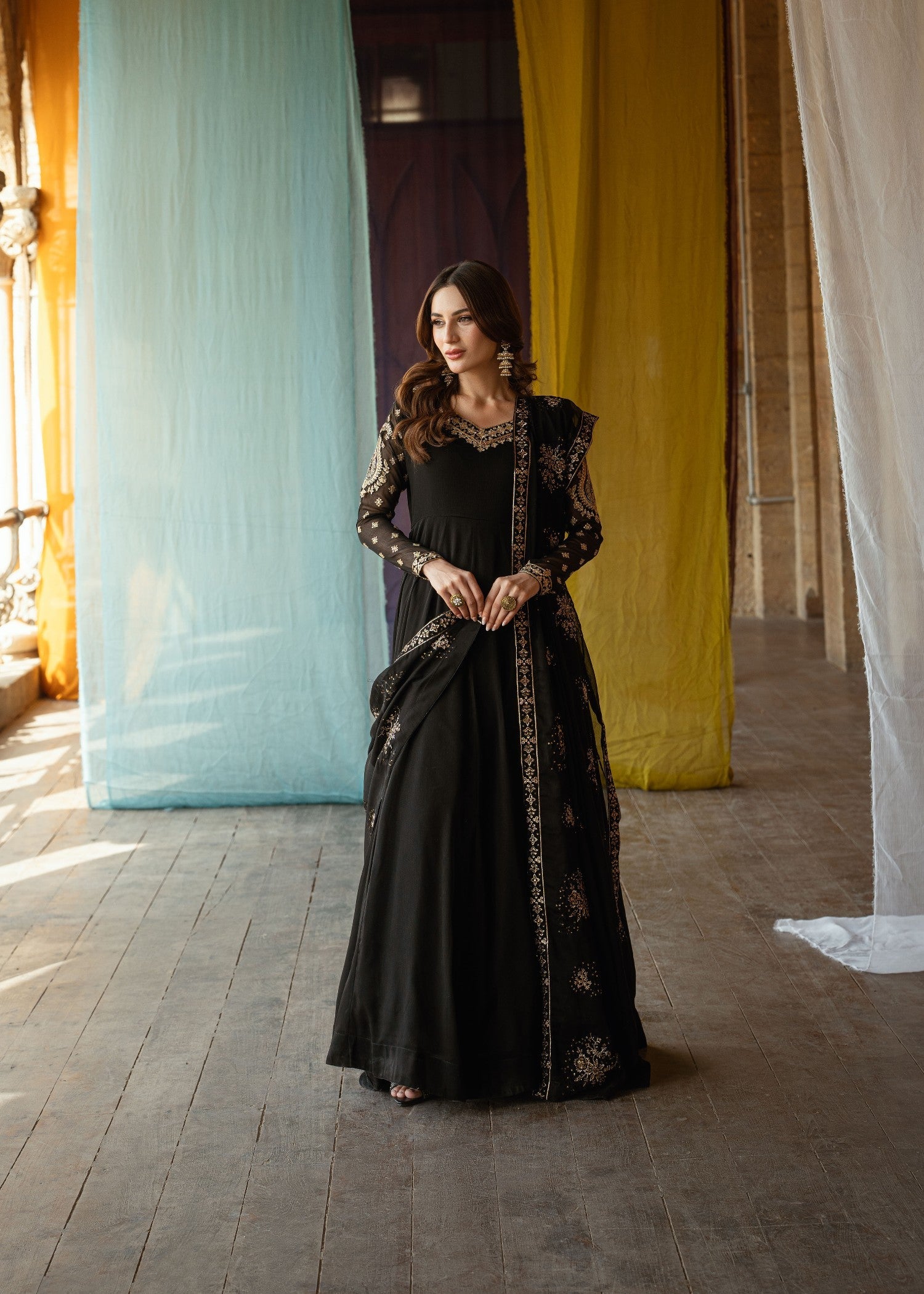 Ladies Black Embroidered Chiffon Floor-Length Suit Online in UK USA Canada