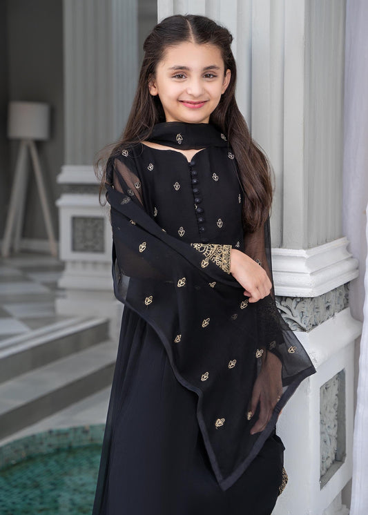 Ladies Black Embroidered Chiffon Partywear Suit Online in UK USA Canada