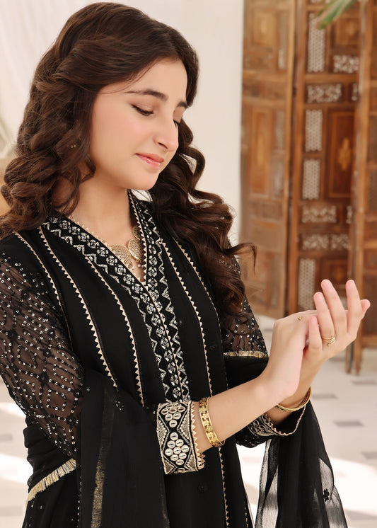 Ladies Black Embroidered Chiffon Pishwas Suit Online in UK USA Canada