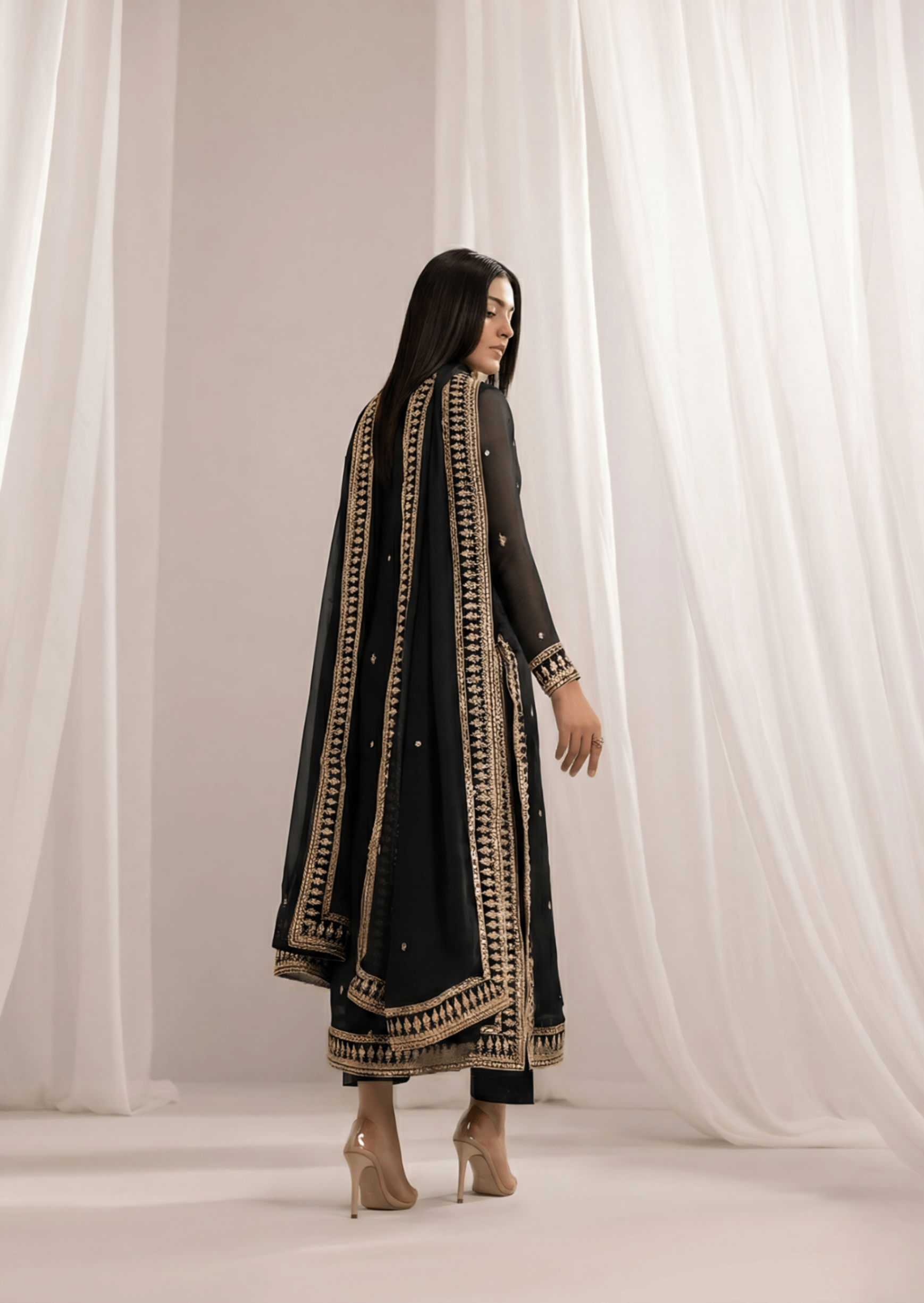 Ladies Black Embroidered Chiffon Salwar Kameez Online in UK USA Canada