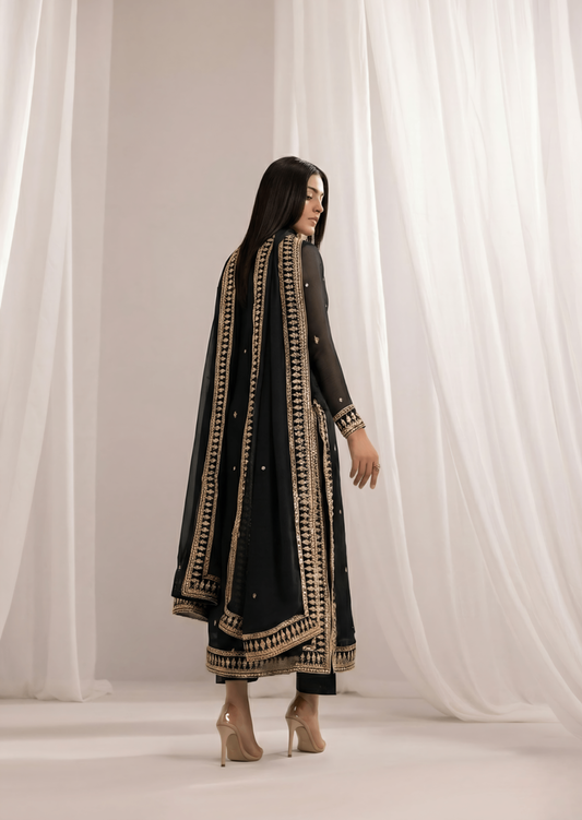 Ladies Black Embroidered Chiffon Salwar Kameez Online in UK USA Canada