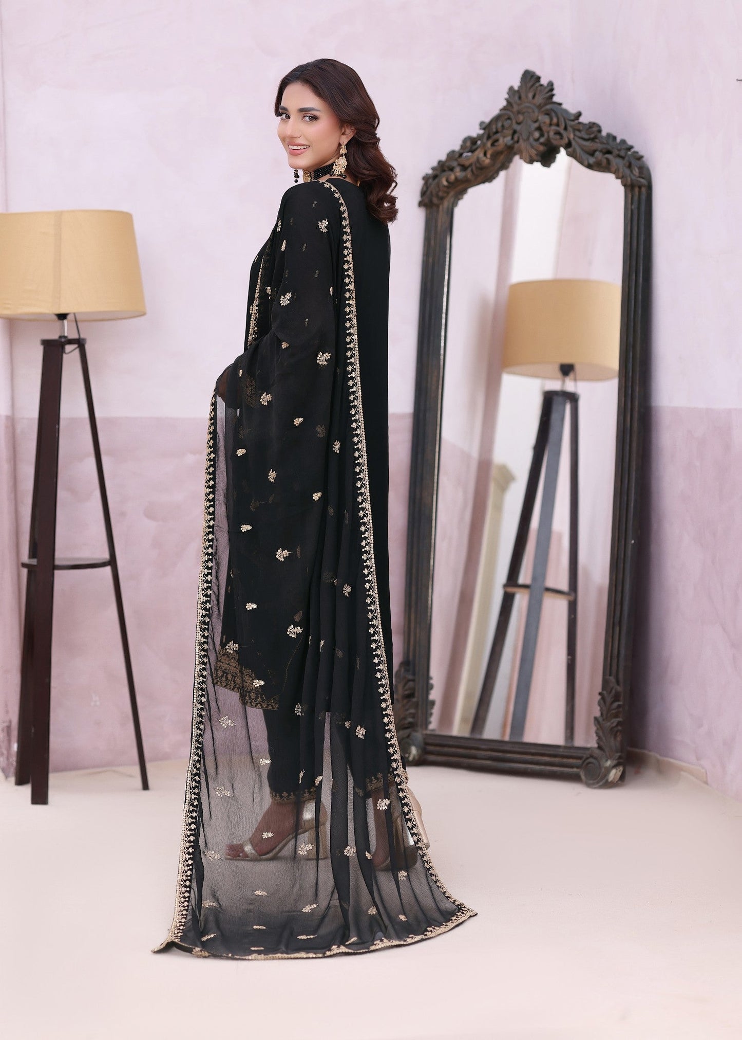Ladies Black Embroidered Chiffon Shalwar Kameez Online in UK USA Canada