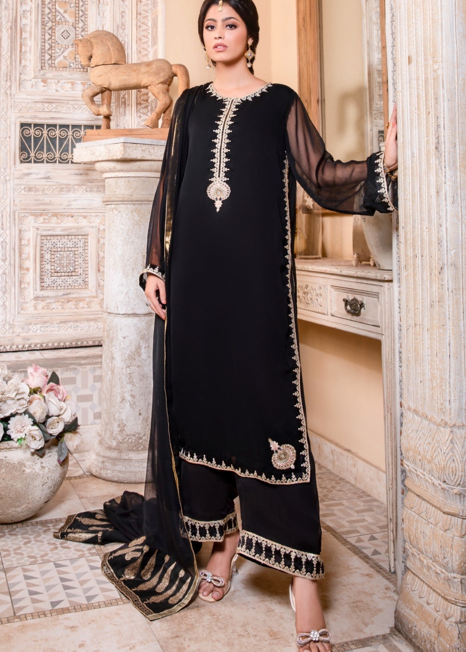 Ladies Black Embroidered Chiffon Shalwar Kameez Online in UK USA Canada
