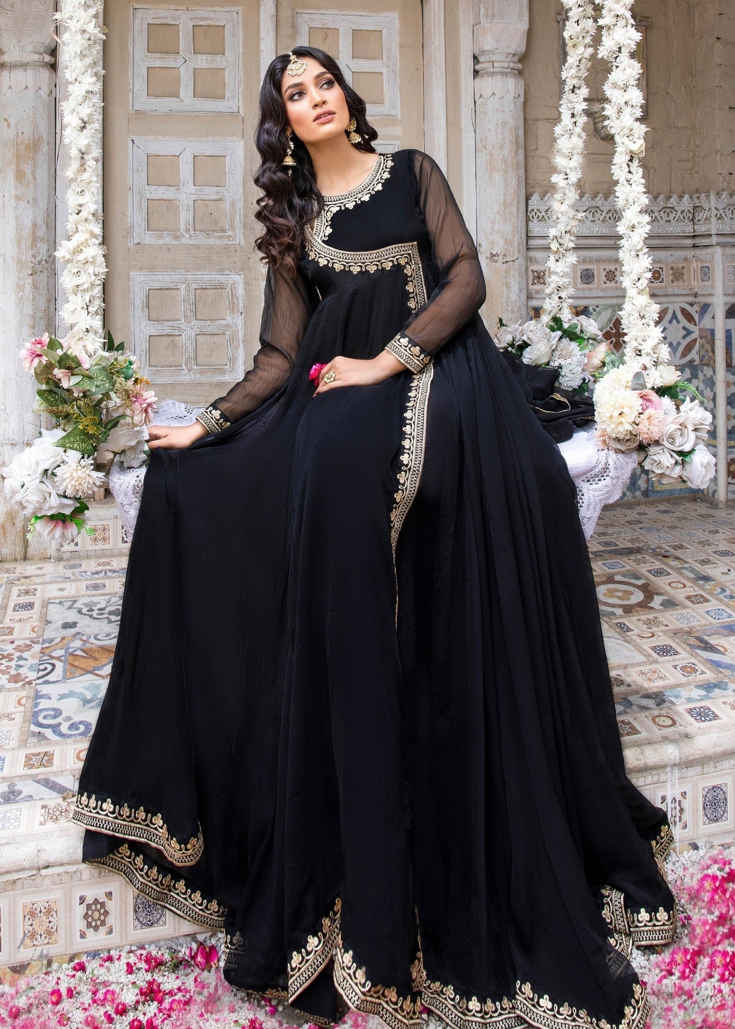 Ladies Black Embroidered Chiffon Sharara Gharara Online in UK USA Canada