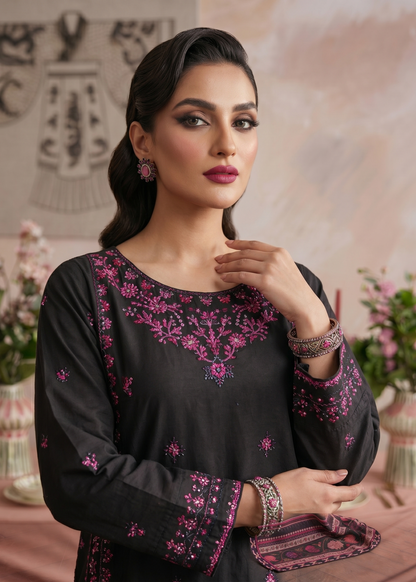 Ladies Black Embroidered Cotton 3 Piece Suit Online in UK USA Canada