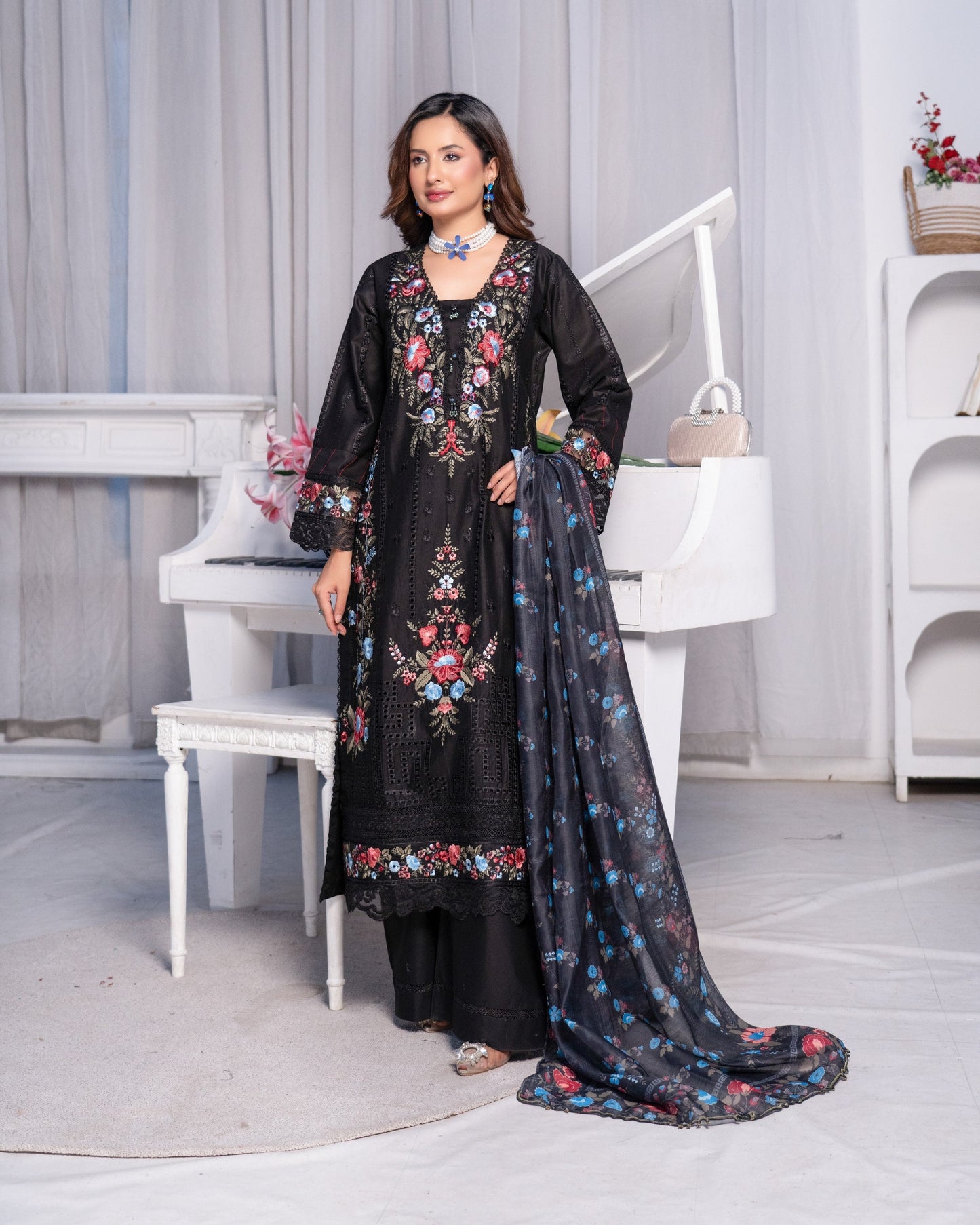 Ladies Black Embroidered Cotton Shalwar Kameez Online in UK USA Canada