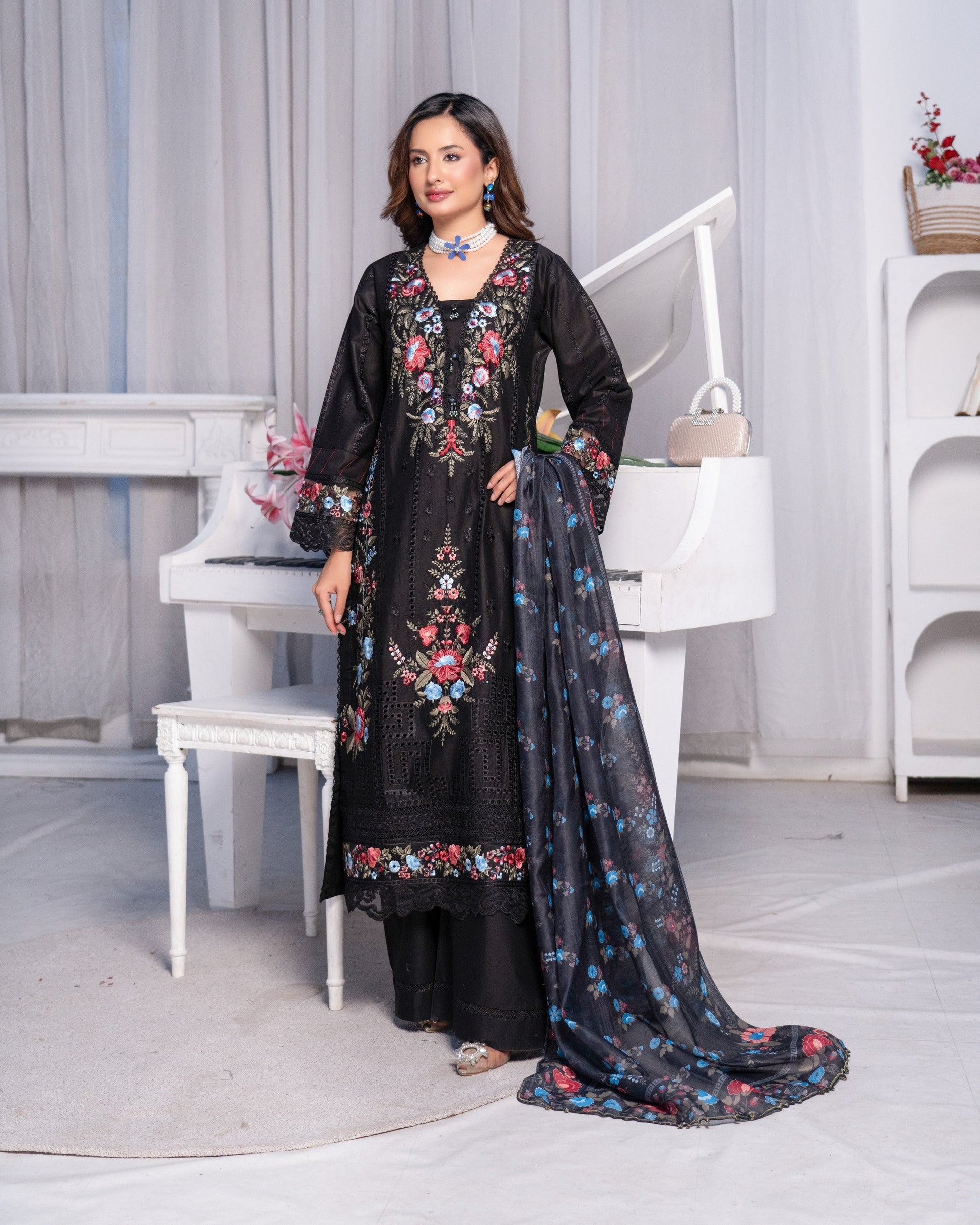 Ladies Black Embroidered Cotton Shalwar Kameez Online in UK USA Canada