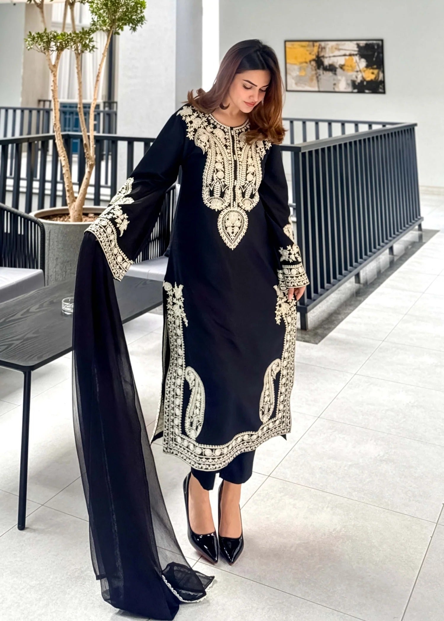 Ladies Black Embroidered Cotton Suit Online in UK USA Canada