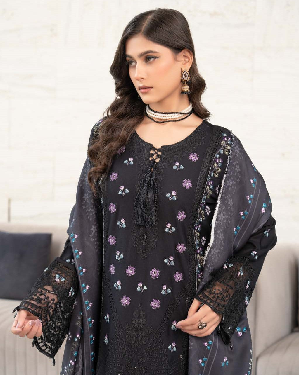 Ladies Black Embroidered Dhanak Shalwar Kameez Online in UK USA Canada