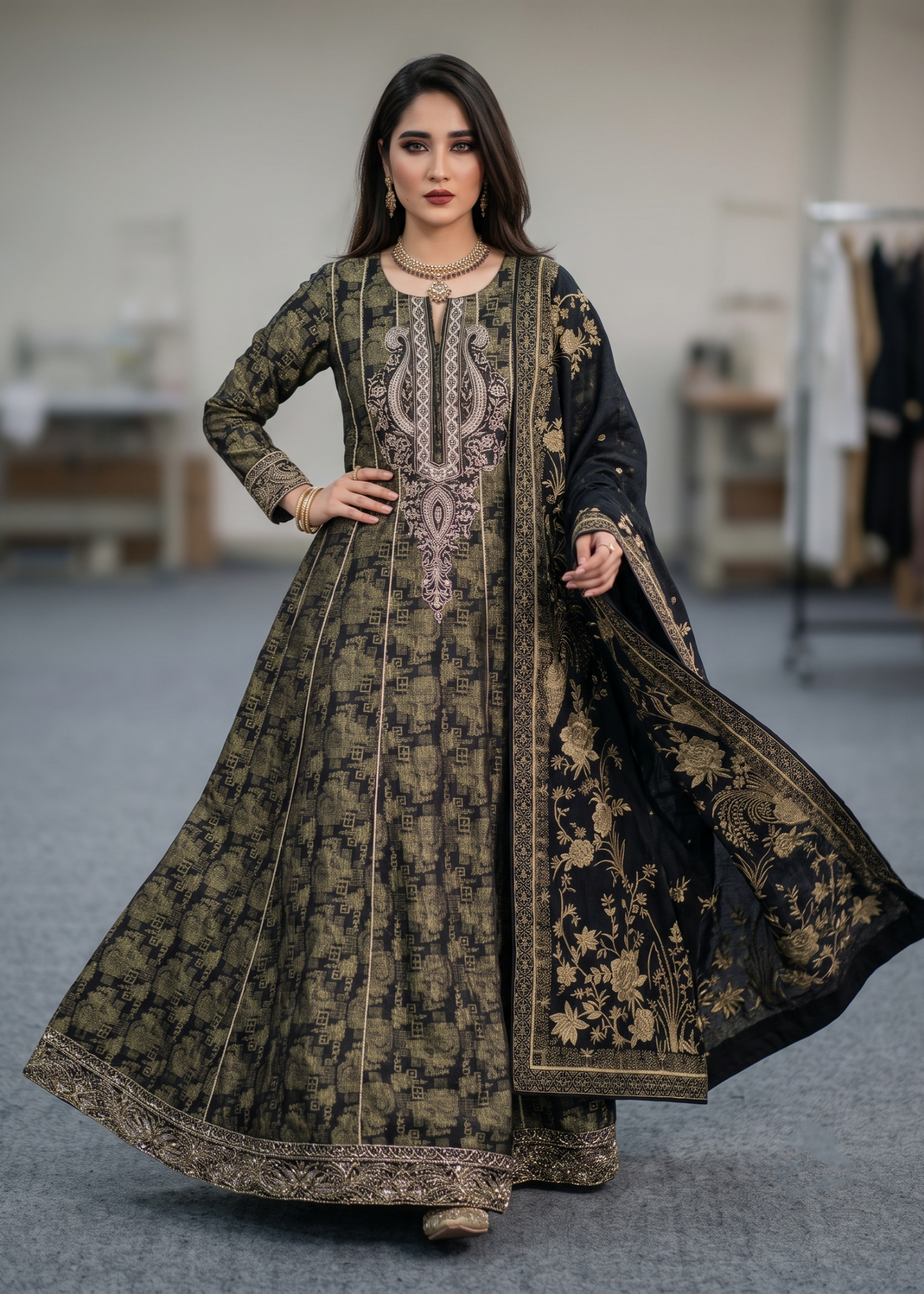 Ladies Black Embroidered Jacquard Festive Wear Suit Online in UK USA Canada