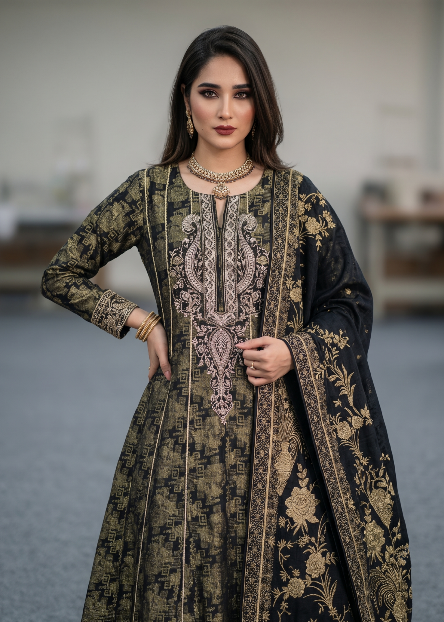 Ladies Black Embroidered Jacquard Pishwas Suit Online in UK USA Canada