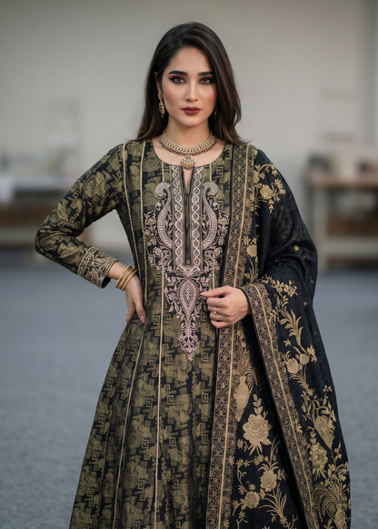 Ladies Black Embroidered Jacquard Pishwas Suit Online in UK USA Canada
