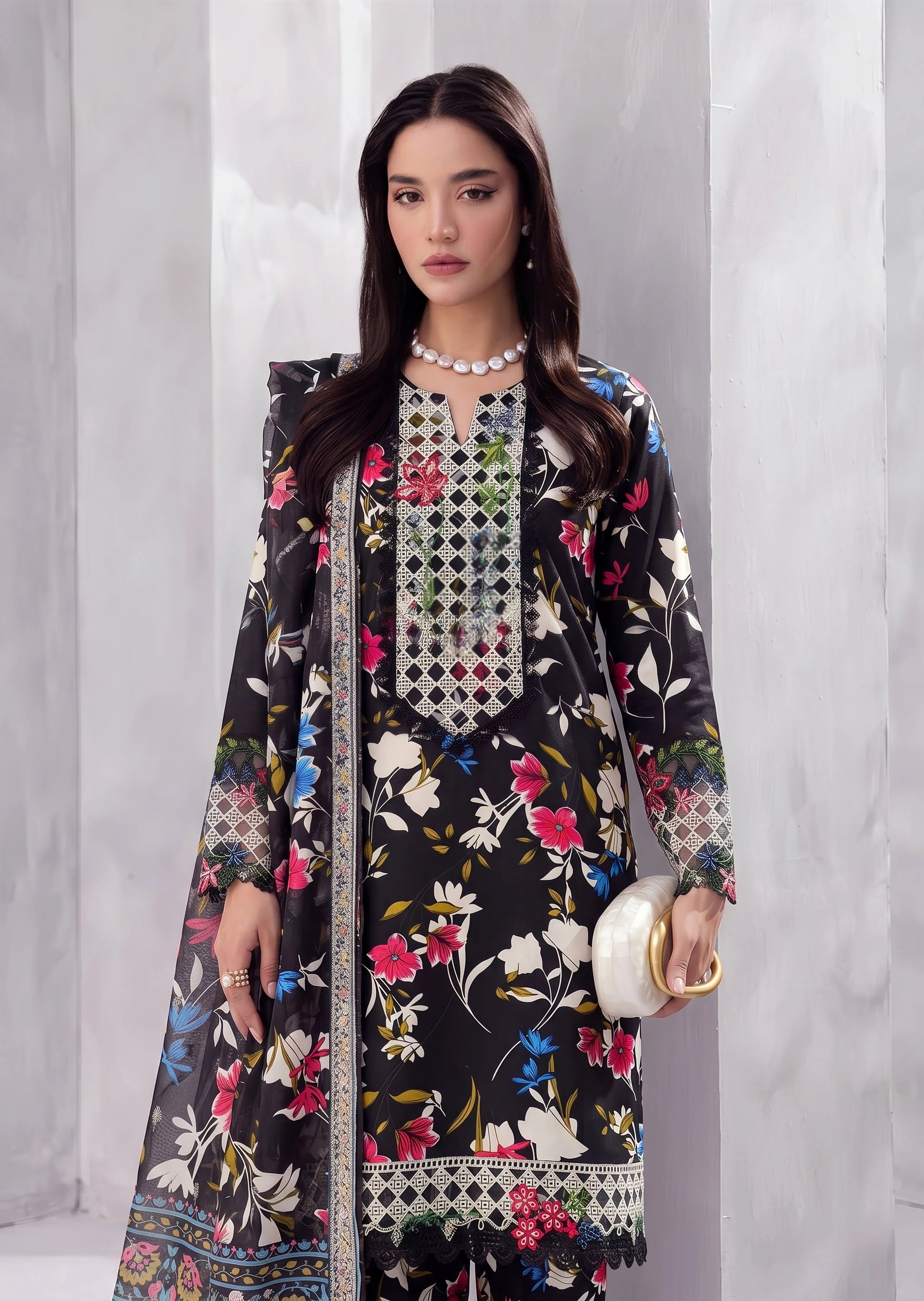 Ladies Black Embroidered Kurta Set with Dupatta Online in UK USA Canada