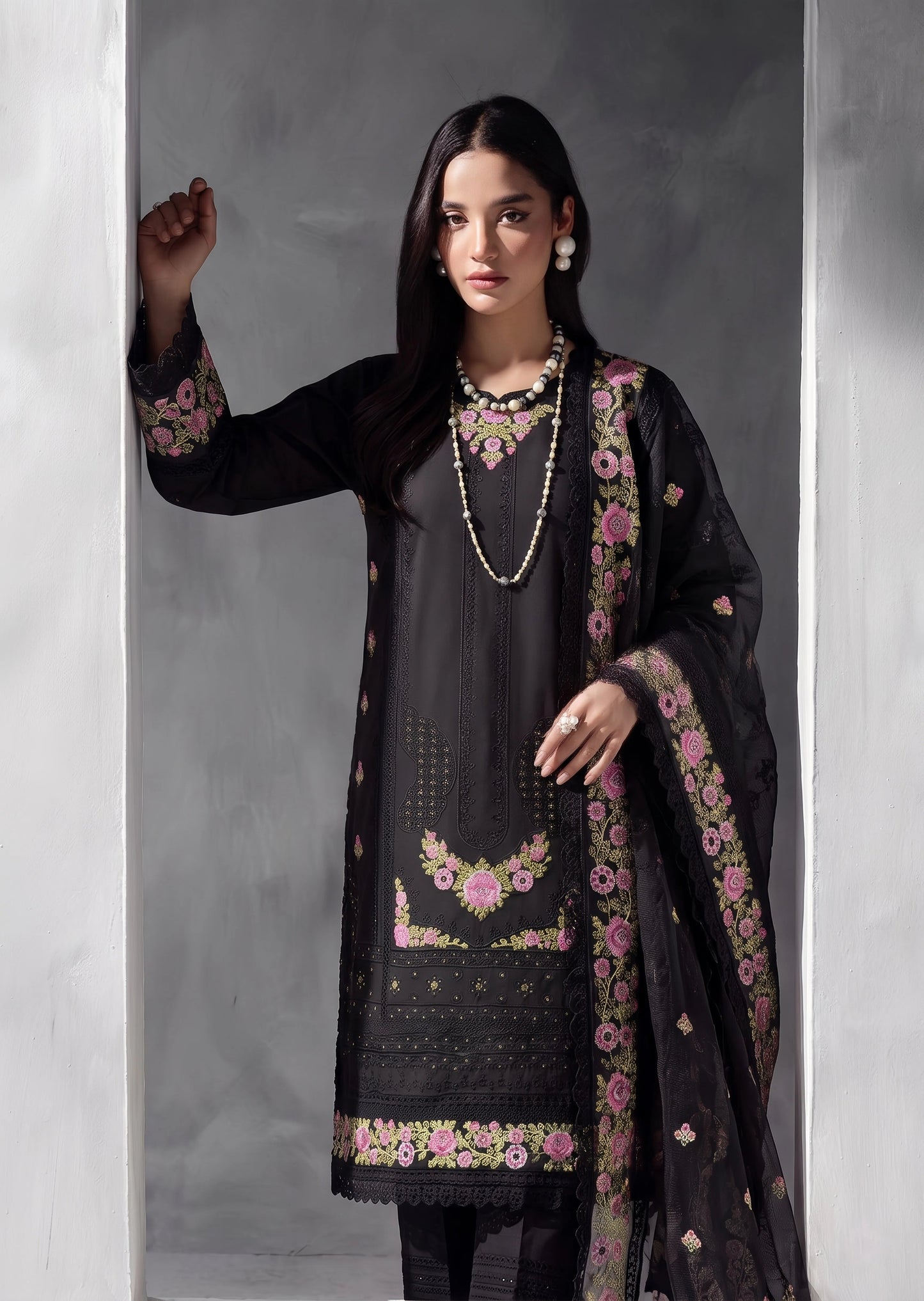Ladies Black Embroidered Kurta Shalwar Kameez Online in KSA Riyadh Saudi Arabia Oman Bahrain Qatar