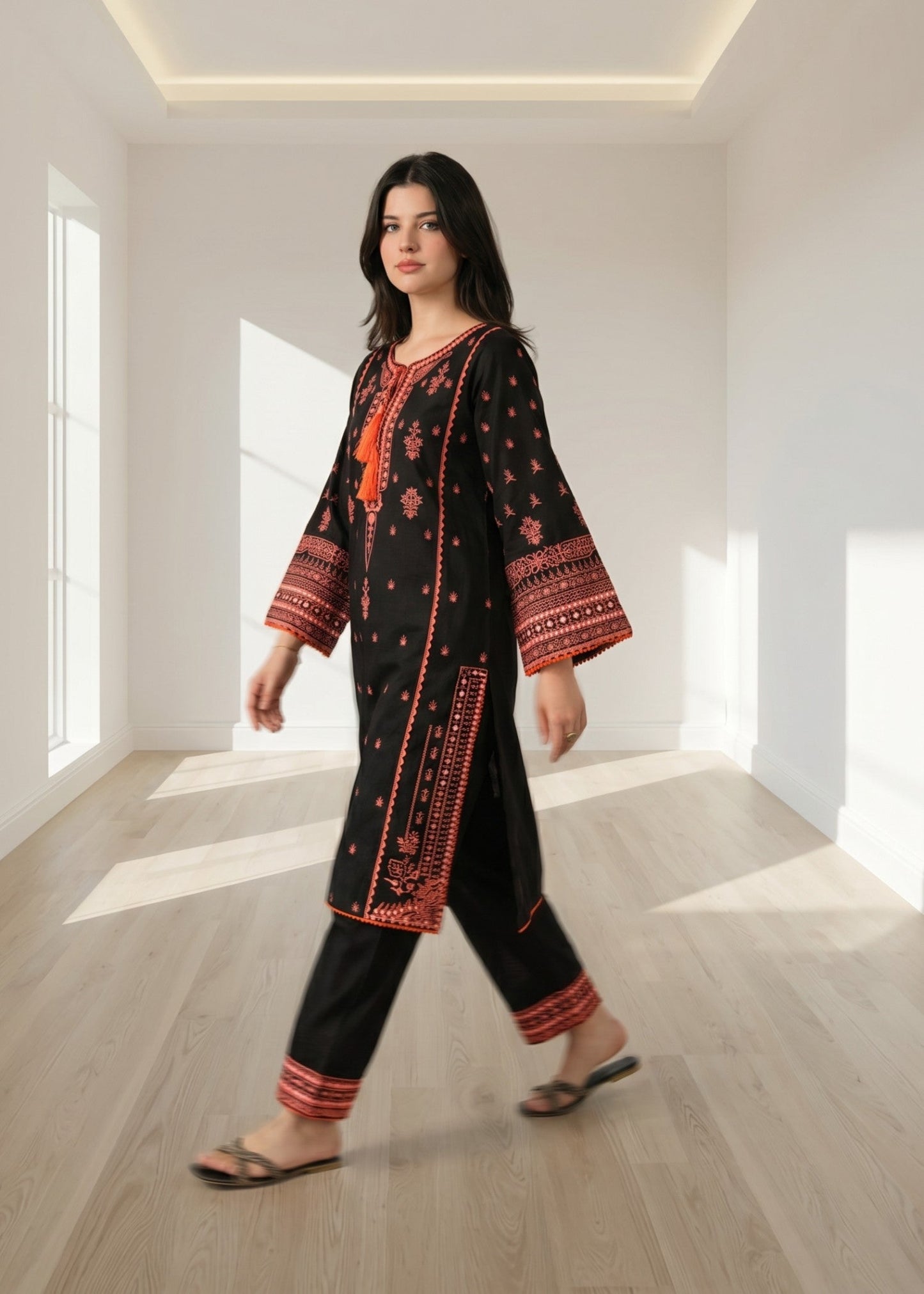 Ladies Black Embroidered Lawn Kurta Pajama Online in UK USA Canada