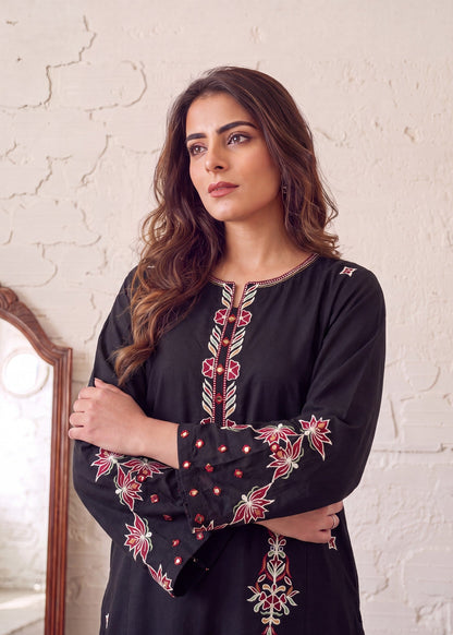 Ladies Black Embroidered Lawn Kurta Set Online in UK USA Canada