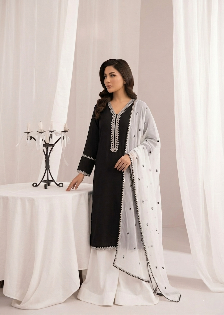 Ladies Black Embroidered Lawn Salwar Kameez Online in UK USA Canada