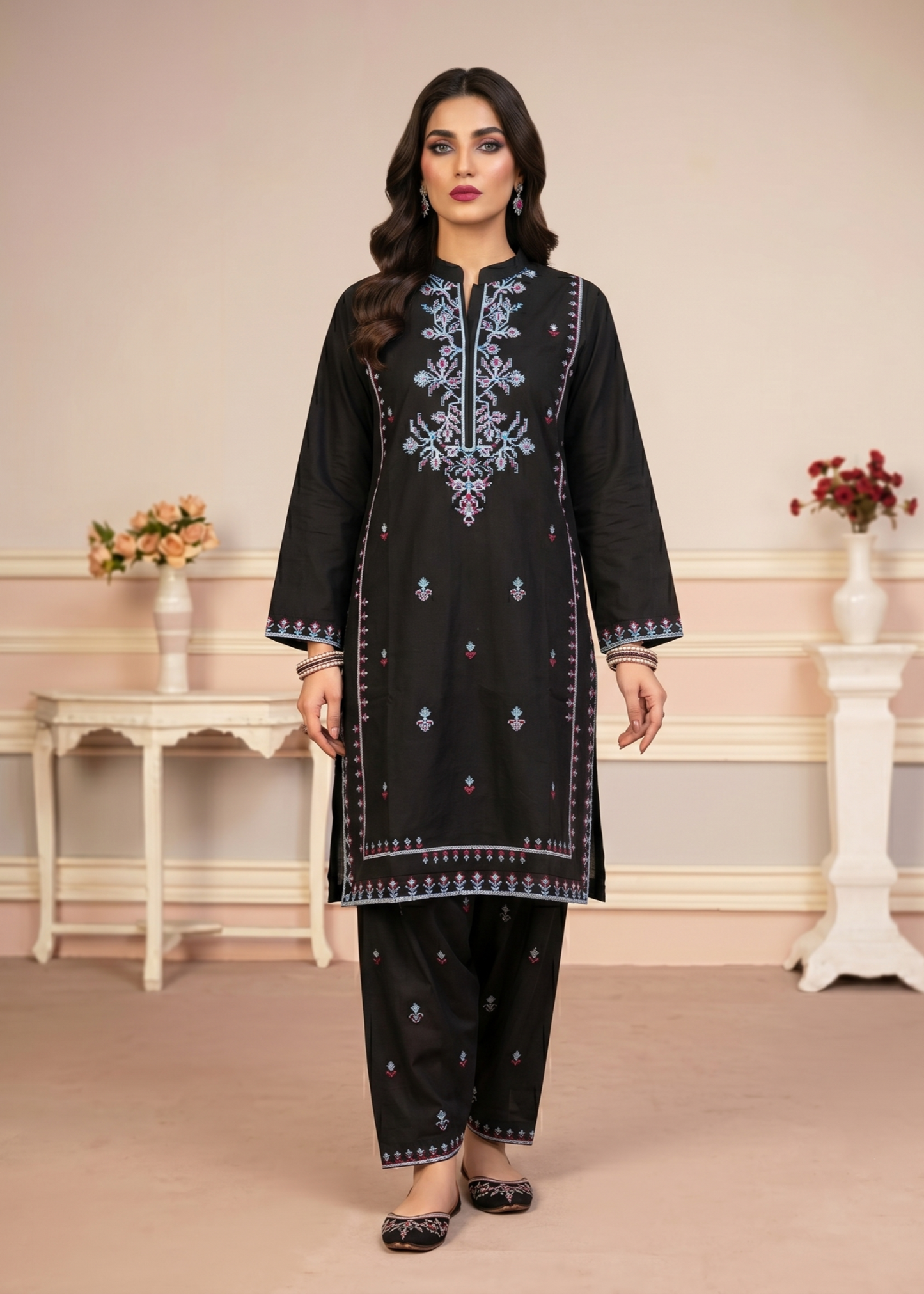 Ladies Black Embroidered Lawn Shalwar Kameez Online in UK USA Canada