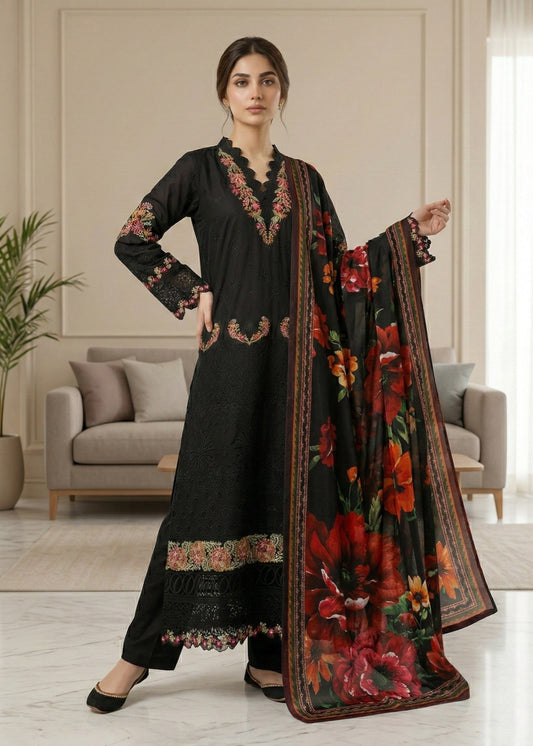 Ladies Black Embroidered Lawn Shalwar Kameez Online in UK USA Canada