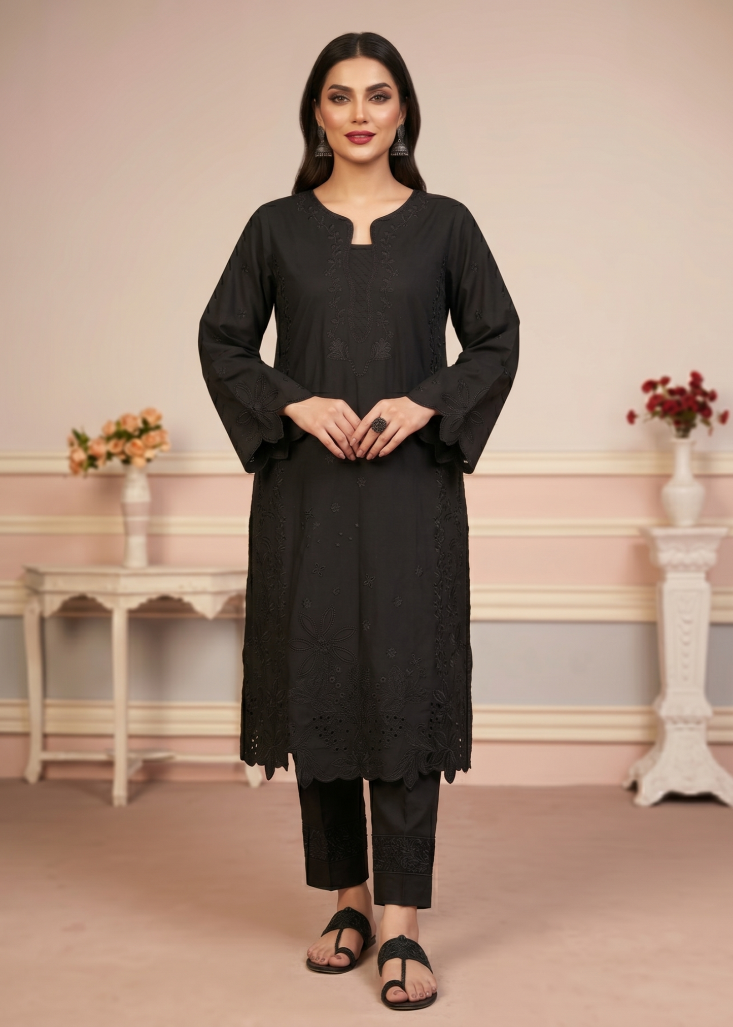 Ladies Black Embroidered Lawn Shalwar Kameez Online in UK USA Canada