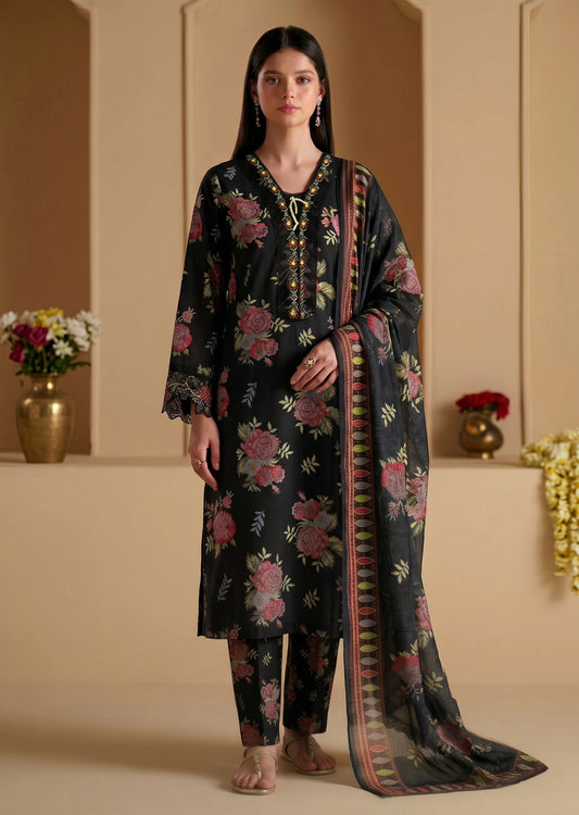 Ladies Black Embroidered Lawn Suit Online in UK USA Canada
