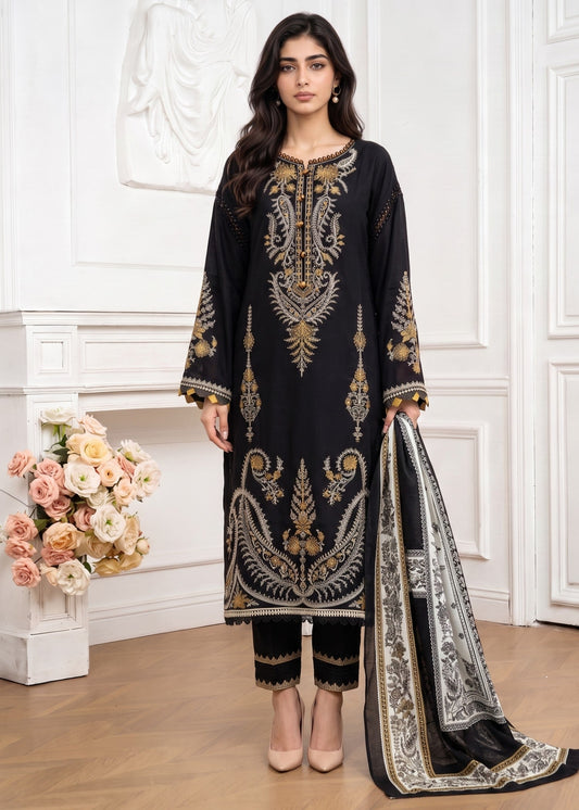Ladies Black Embroidered Linen Suit Online in UK USA Canada