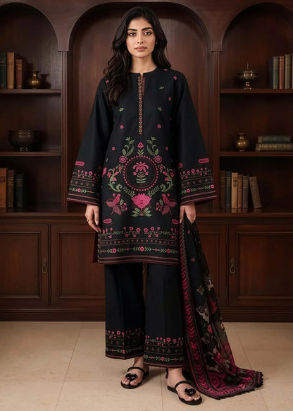 Ladies Black Embroidered Linen Suit with Dupatta Online in UK USA Canada